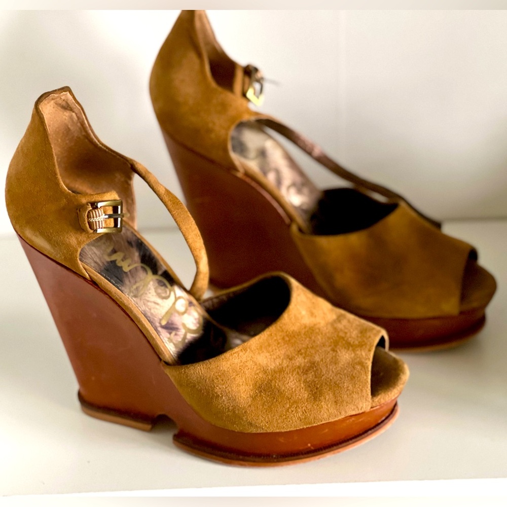 Sam Edelman Javi Brown/Rust Peep Toe Wedges